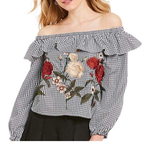 New JOA Gingham Ruffled Floral Blouse, Size Small, Women's Picnic Top - Picture 1 of 12